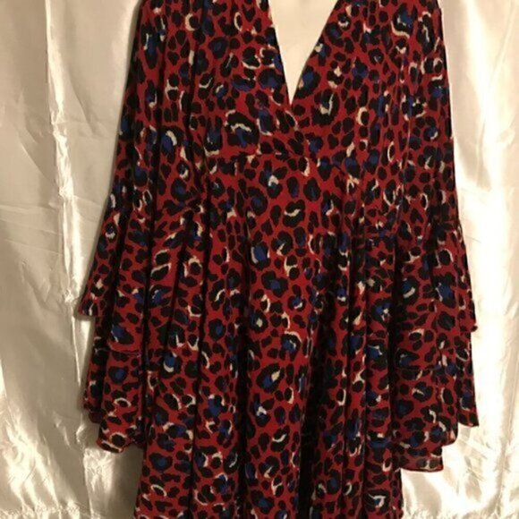 Red Leopard 70s V Neck  Tier  Hippie Bell Sleeve Bohemian Mini Dress M - Picture 9 of 14